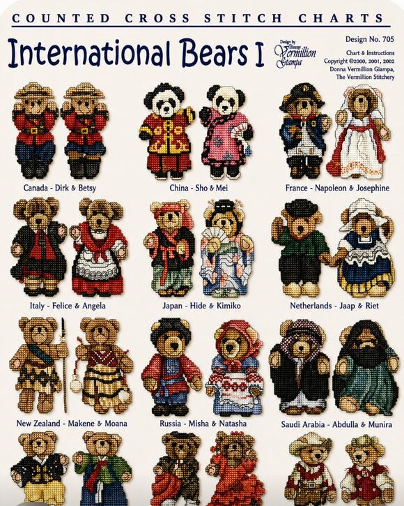 Vermillion Stitchery Other - International Bears 1 Vermillion Stitchery Cross Stitch Pattern 705